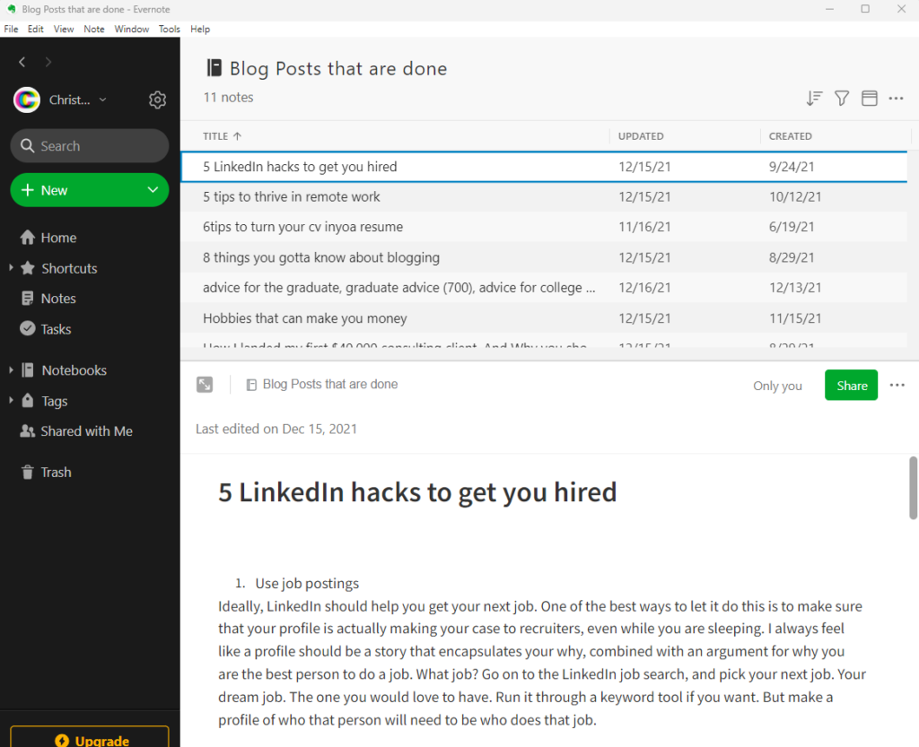 evernote screenshot - the blogging tool I write posts on