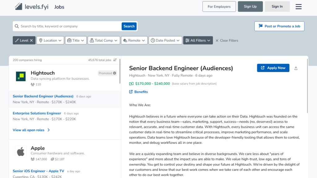 Is Technology a Good Career Path? levels.fyi is a good site to check salaries and openings! (image of the site)