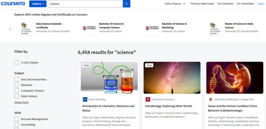 coursera vs udemy - coursera search function